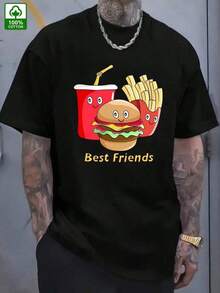 Camiseta para hombres, camiseta pura de verano de moda para hombres, estilo de dibujo animado de hamburguesa, bebida, papas fritas, patrón de estilo de MEJORES AMIGOS, ropa de exterior, camiseta de moda para hombres, camiseta versátil para uso diario. LUDZ - Negro - Ver 1