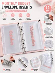 Bộ quà tặng quản lý tài chính, đồ dùng học tập/văn phòng phẩm, gồm 1 bìa và 12 túi đựng tiền mặt hàng tháng, kích thước A6, có khóa kéo. - Một kích cỡ phù hợp cho tất cả - Xem 9