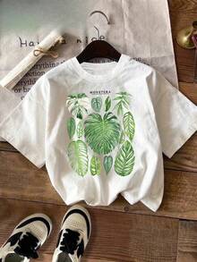 Camisetas de manga corta para mujer, cuello redondo, 100% algodón, estampado de hojas tropicales de monstera y filodendro, camiseta casual de moda para el verano, camisetas para damas. - Blanco - Ver 2
