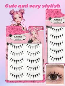 5 Pairs Doll-Style Natural Look False Eyelashes - Transparent Fiber Cartoon Style Lashes, Suitable For Cosplay, Reusable - Black - View 4