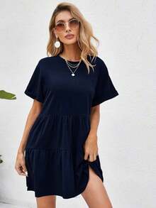 Holidaya Vestido de muñeca con dobladillo de volantes y puños enrollados, atuendo de playa de vacaciones - Azul marino - Ver 1