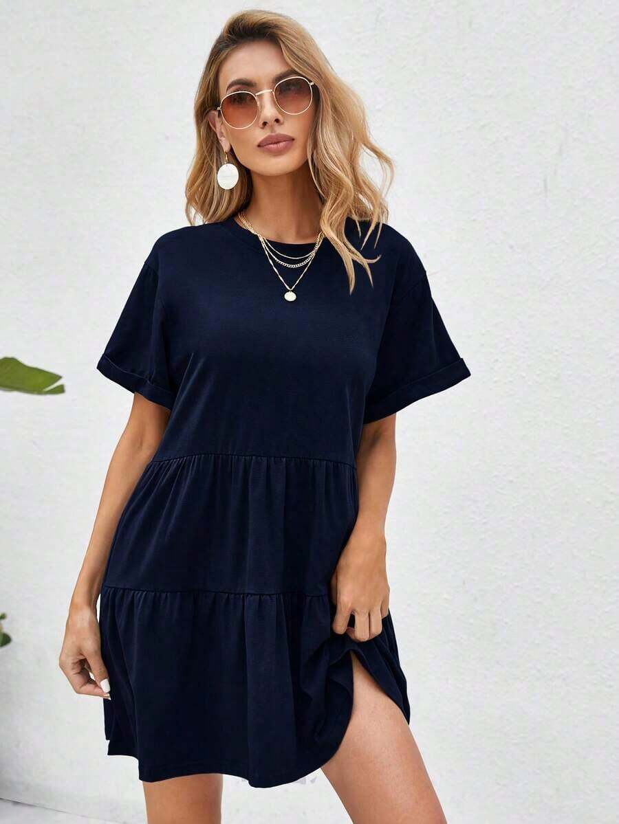 Holidaya Vestido de muñeca con dobladillo de volantes y puños enrollados, atuendo de playa de vacaciones - Azul marino - Ver 1