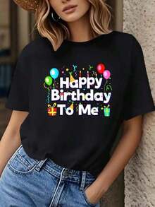 Camia de cumpleaños ajustada para mujer - Camia de manga corta con cuello redondo "Feliz Cumpleaños a Mí", top ligero para fiestas, uso casual y para todas las estaciones - Diseño divertido y juvenil, transpirable y cómoda. - Negro - Ver 10