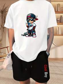 Set: T-Shirt With Rapper Print And Shorts With 'Cool ' Embroidery, Casual Set With Graphic Design Of A With Cap And Headphones, Summer Outfit With Urban And Fun Style - 白色 - 查看 5