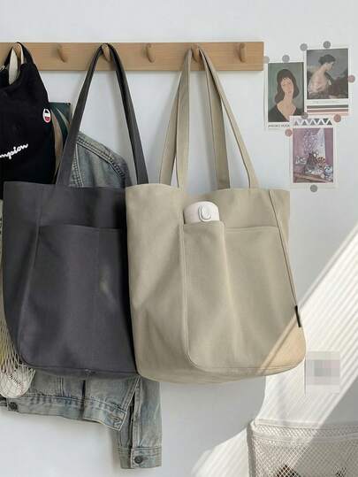 Túi tote thời trang với ngăn bên tiện dụng để đựng nước uống nhanh chóng, túi vải canvas bền chắc phù hợp cho phụ nữ năng động và sinh viên đại học, túi đeo vai màu trơn tối giản hoàn hảo để sắp xếp các vật dụng cần thiết hàng ngày, đi làm hoặc mua sắm, túi xách thời trang nữ dung tích lớn, lý tưởng cho những chuyến đi cuối tuần hoặc cuộc sống sinh viên.