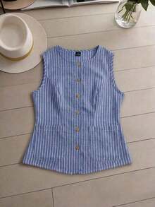 Conjunto de 2 piezas de mujer tejido a rayas de estilo elegante para el verano - Azul lavado medio - Ver 5