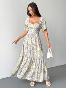 Đầm nữ họa tiết hoa nhí kiểu Bohemian nhiều lớp tay phồng, đầm dài dáng chữ A thanh lịch với phần quây ngực xếp ly, thích hợp cho mùa hè, đi nghỉ mát, đi làm. - Nhiều màu - Xem 1