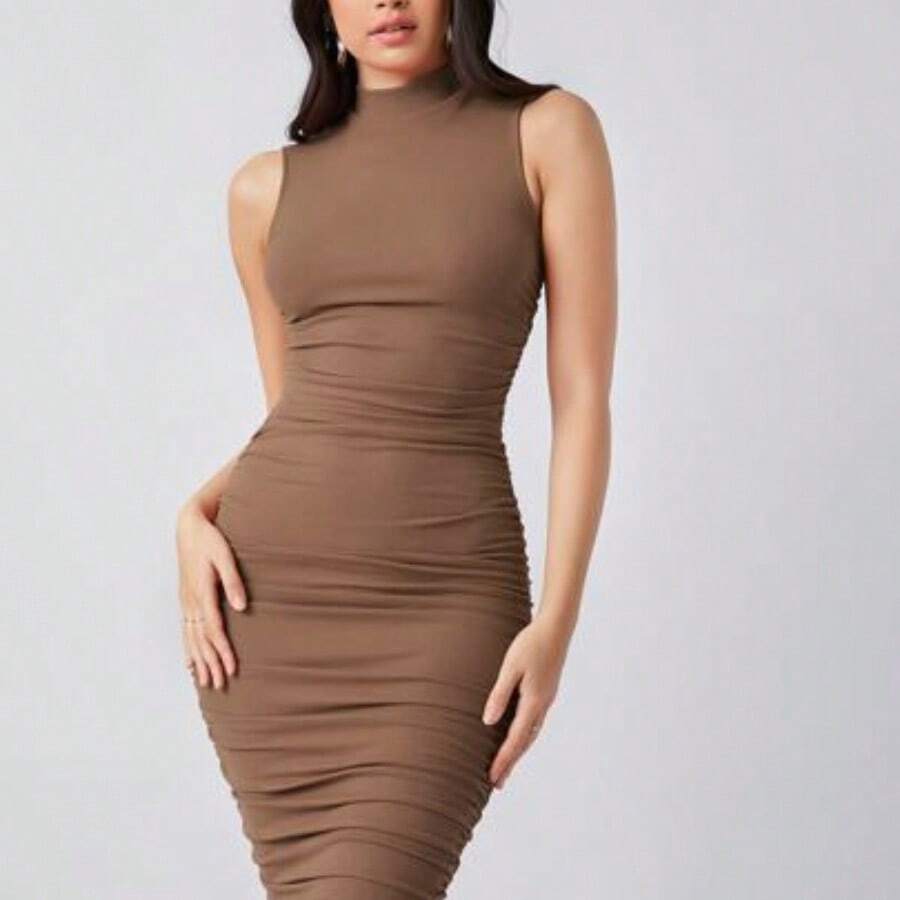 Mock-Neck Ruched Solid Dress,Business Casual Woman - Camel - Ver 1