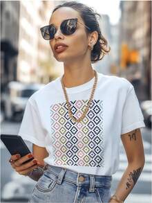 Camiseta de mujer versátil de estilo juvenil y casual, estampada, de manga corta, corte holgado, estilo europeo y americano, estilo Hong Kong, 100% algodón, vintage. - Negro - Ver 1