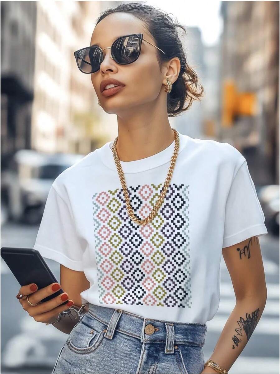 Camiseta de mujer versátil de estilo juvenil y casual, estampada, de manga corta, corte holgado, estilo europeo y americano, estilo Hong Kong, 100% algodón, vintage. - Negro - Ver 1