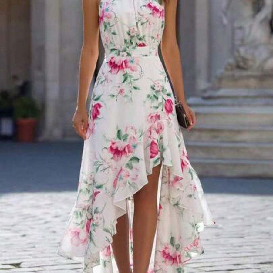 White Floral Print Asymmetrical Ruffle Hem Dress For Vacation - Blanco - Ver 1