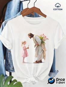 1pc Cotton T-Shirt With Floral Print Of Jesus And Girl, Religious Theme, Loose Short Sleeve Top For Women, Casual Everyday Wear, Modern And Simple Design, Orca Brand Cotton T-Shirt 2026. - 白色 - 查看 12