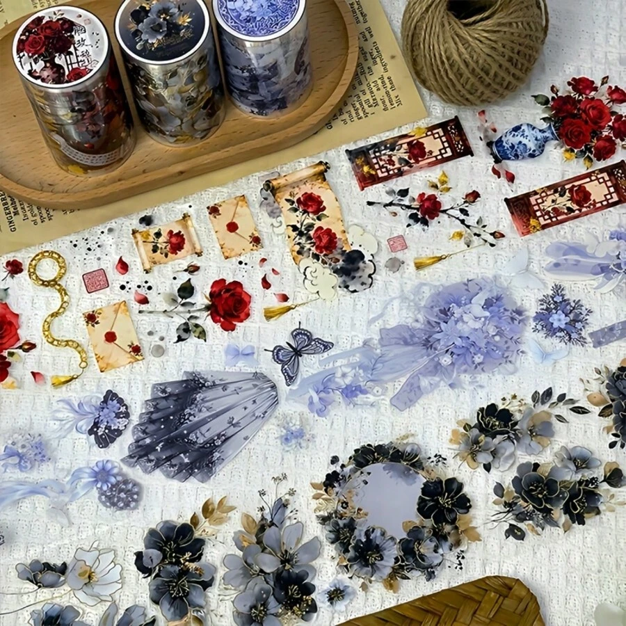 2米/卷 红色玫瑰PET和纸胶带 花瓶遮蔽胶带 3D水晶墨水装饰贴纸 适用于日记本剪贴簿文具 100厘米环扣 - PET Tape - 查看 1