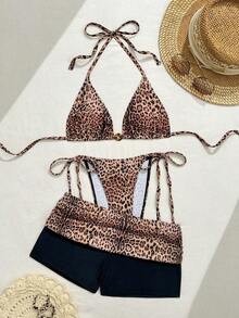 Swim Vcay Nuevo conjunto de traje de baño de mujer de 3 piezas con estilo de rayas de punto texturizado de alta corte con lazos laterales, copa triangular y control de abdomen, con estampado retro de monedas y decoración de estrella de mar de metal en estilo de playa y océano - Multicolor 6 - Ver 6