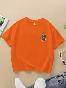 Camiseta de manga corta para niñas con estampado de la Virgen María de Guadalupe, una prenda versátil para el uso diario, una camiseta básica cómoda de algodón con cuello redondo, lavable a - Naranja - Ver 2