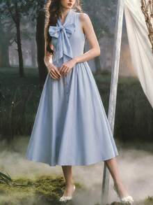 Vuslat Women's Summer Fashion Casual French Navy Style Striped Stand Collar Lace-Up Letter Embroidery Button Back Zipper Design Sleeveless A-Line Midi Dress, Suitable For Wedding Guest, Graduation Ceremony, Formal Party, Elegant Party, Office Wear, Holiday Wear, Summer Vacation, Summer Outing, Independence Day - Multicolor - View 7