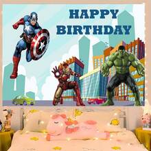 1pcs A Vengers Happy Birthday Backdrop Banner, C Aptain America Iron Man H Ulk Superhero Theme Party Decorations For Photo Booth, City Skyline Photography Background, Cake Table Decor, Outdoor Indoor Celebration Wall Banner, Backyard Party Photo Prop Supplies, School Event Poster Decor, Bedroom Wall Hanging Art - 多色-A - 查看 3
