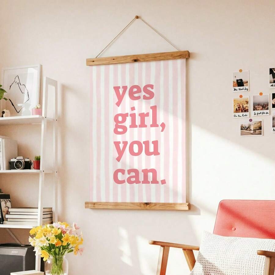 1幅“Yes Girl You Can”励志名言帆布画,粉色字体,适合卧室、客厅、公寓、宿舍等场所,可作墙面装饰或送给她的礼物,不含画框。 - 彩色 - 查看 1
