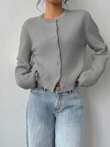 Cárdigan de mujer de manga larga, cuello redondo, suelto y corto, de unicolor, cómodo y acogedor, ideal para el uso diario, en color amarillo mantequilla para otoño/invierno - Gris - Ver 4