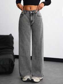 ICON Solid Color Wide Leg Pocket Jeans, Casual And Versatile - 灰色 4 - 查看 7