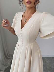 Vestido corto casual y elegante para mujer con cuello en V, mangas con volantes, botones decorativos en el bajo, cintura elástica, adecuado para primavera/verano, ir al trabajo, vacaciones, té de la tarde, fiestas - Albaricoque - Ver 6