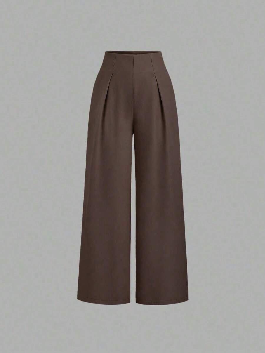 Pantalones anchos casuales de mujer con tela de unicolor texturizada - Marrón - Ver 1