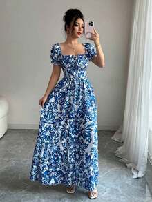 Elenzya Nuevo vestido con estampado floral, mangas abullonadas, nudo delantero, espalda descubierta y cintura ceñida. Elegante y grácil para vacaciones y citas casuales - Azul - Ver 3