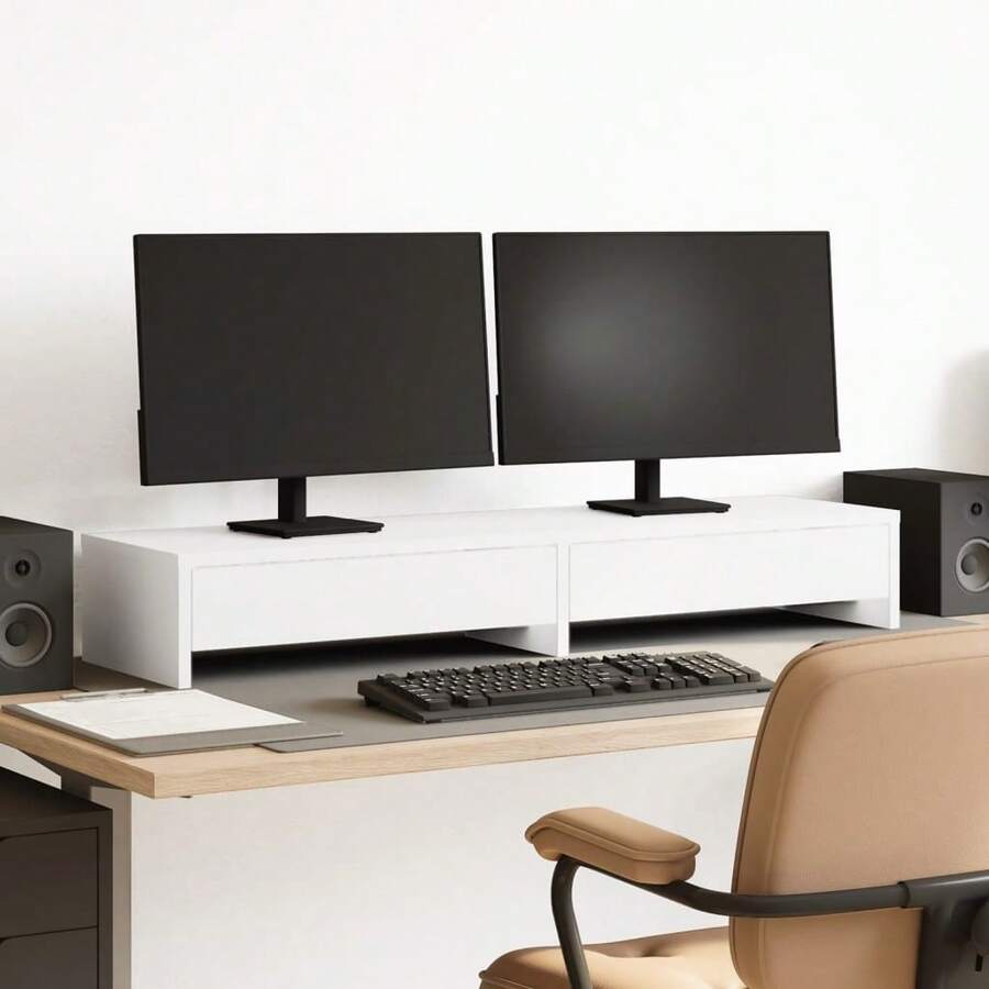 Soporte para monitor vidaXL con cajones, blanco, 100x27x15 cm, aglomerado. - Blanco - Ver 1