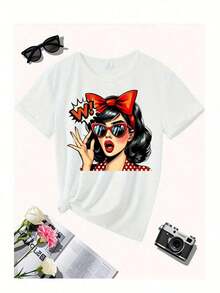 Vintage Character Print T-Shirt, Casual Short Sleeve Crew Neck Top, Suitable For Spring And Summer, Comfortable And Breathable, Suitable For All Seasons, Women's Clothing - 白色 - 查看 4