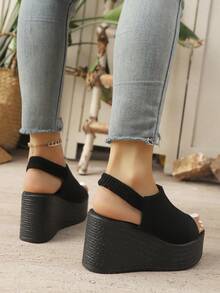 Women's Platform Wedge Sandals, Summer Shoes, Comfortable Chunky High Heel Shoes For Daily, Open Toe Slip-On With Elastic Ankle Strap, Vacation - Black - View 5