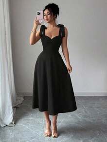 elegante y romántico para mujer con lazo decorativo en la cintura y corte evasé sin mangas - Negro - Ver 6