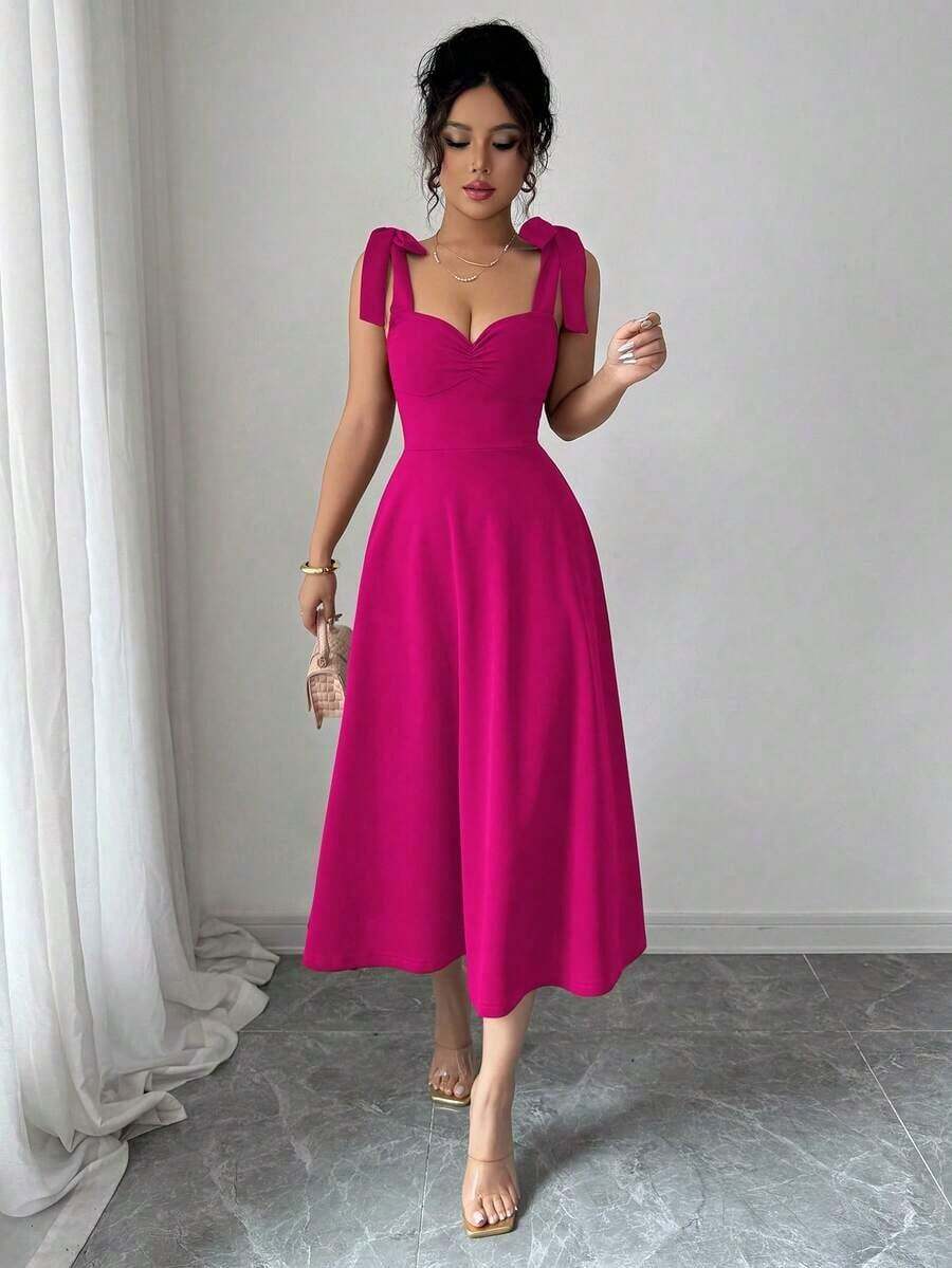 elegante y romántico para mujer con lazo decorativo en la cintura y corte evasé sin mangas - Rosa Fucsia - Ver 1