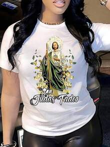 1 Pc Women's Short-Sleeved T-Shirt With Round Neck Featuring A Jesus Print And Faith Message For Added Comfort And Casual Style. 180g 100% Cotton - 黑色 - 查看 6