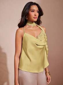 Camiseta de satén con cuello de capucha y bufanda incorporada, ideal para vacaciones, Año Nuevo y citas - Amarillo claro - Ver 5
