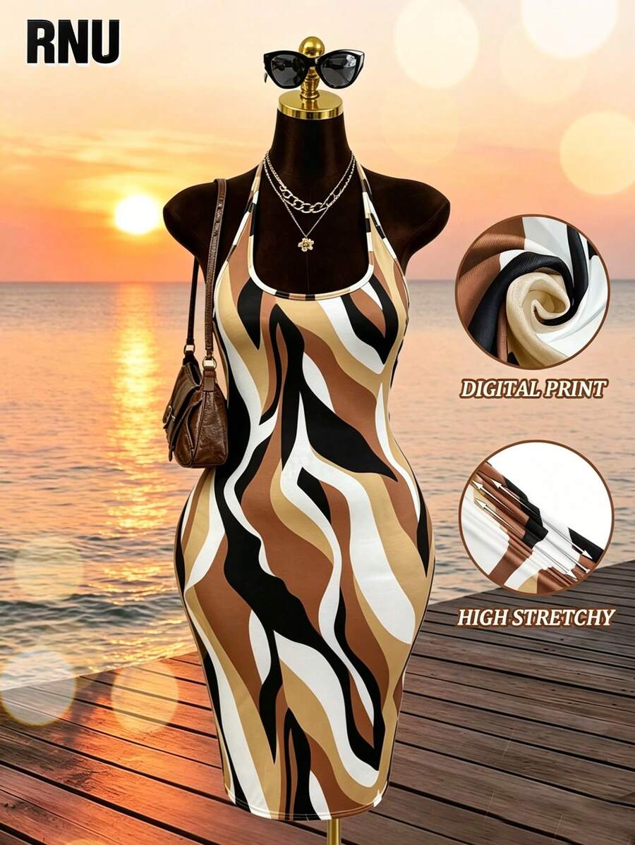 RNU Vestido de malha com estampa geométrica, design sem costas com cordão, modelagem elástica, tecido macio e confortável, ideal para encontros à noite, férias, escritório, casa, festas de aniversário, encontros românticos, festas de volta às aulas, festas para solteiros, viagens, apresentações de palco, shows, chá da tarde, brunch, festivais de música country, looks para aeroporto e para a primavera/verão dos anos 2000. - Multicolorido - Ver 1