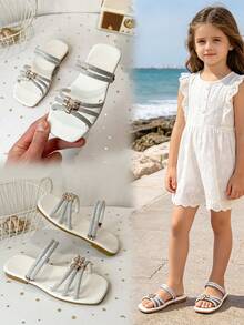 Kids' Rhinestone Multi-Strap Square Toe Flat Slide Sandals, Open Toe Slip-On Summer Casual Fashion Slides For Girls - White - View 3