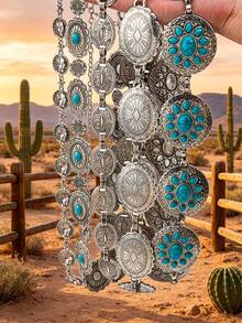 1 Pc Vintage Western Concho Waist Chain, Cowboy Cowgirl Style Blue Turquoise Cluster Belly Chain, Southwestern Belt For Women - Multicolor - View 1