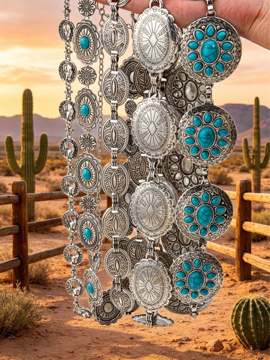 1 Pc Vintage Western Concho Waist Chain, Cowboy Cowgirl Style Blue Turquoise Cluster Belly Chain, Southwestern Belt For Women - Multicolor - View 1
