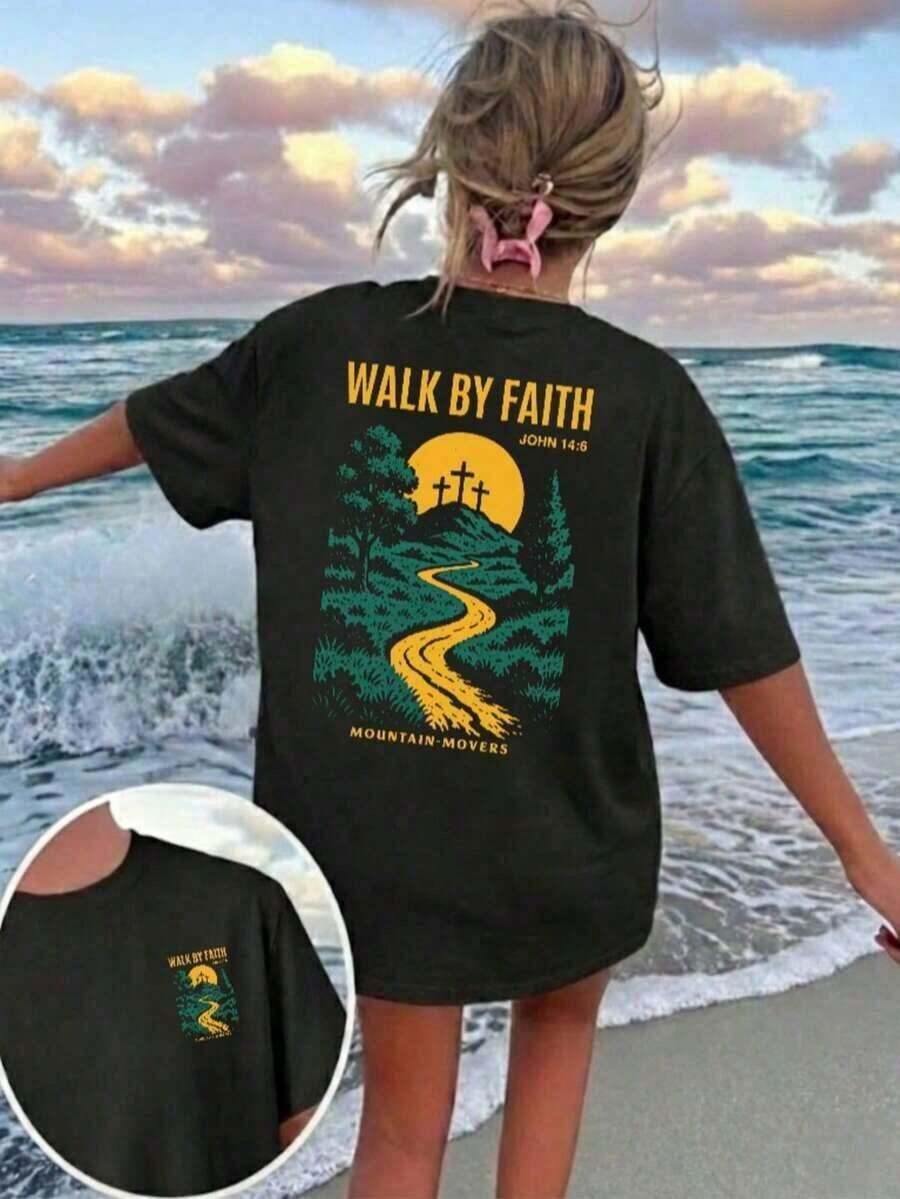 Women's "Faith Over Fear" T-Shirt With Bible Verse, Regular Fit, Christian Inspirational Graphic T-Shirt, Comfortable, Casual Short Sleeve 2026, Crew Neck, Faith Clothing, Pink, Summer 2026 - 黑色 - 查看 1
