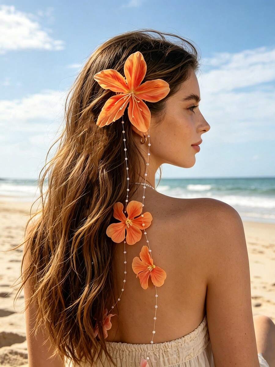 1 chiếc kẹp tóc hoa Hawaii, phụ kiện tóc hoa tua rua nhân tạo, thích hợp cho kỳ nghỉ biển, kiểu tóc cô dâu đám cưới Hawaii. - quả cam - Xem 1