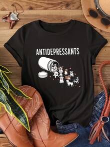 Women's Casual Short Sleeve Round Neck Drop Shoulder Antidepressants Dog Print Black T-Shirt - Negro - Ver 2