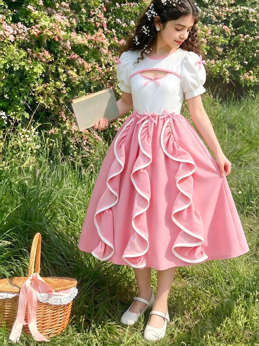 Vestido de princesa estilo palacio francés de verano para niñas, con mangas cortas de pétalos, cuello redondo, calado, vestido con volantes 3D en el bajo - Rosa - Ver 1