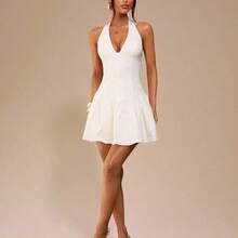 Simple Solid White Deep V-Neck Fitted Mini Dress For Women, Elegant White Dress, Beach Holiday Dress, Graduation/School Season White Dress - Amarillo - Ver 5