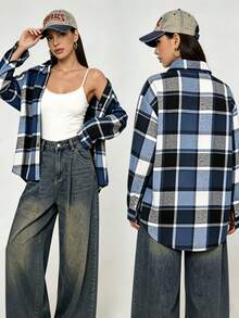 Womens Oversized Plaid Flannel Shirt Casual Long Sleeve Button Up Shacket Jacket For Fall Winter Streetwear - Màu xanh lam - Xem 3