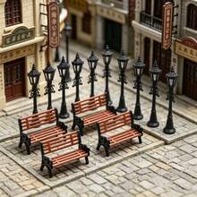 Miniature Park Bench & Street Lamp Set, Dollhouse Furniture Accessories, 1:12 Scale Model Bench & Light Post For Fairy Garden, Diorama, Railway Scenery, DIY Craft Decoration - A - View 8