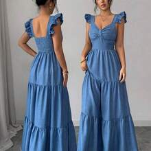 Elenzya Vestido largo de unicolor para mujer, vestido largo estilizante con cintura elástica y parches, elegante y de moda para uso diario, cenas y citas, primavera/verano - Azul - Ver 2