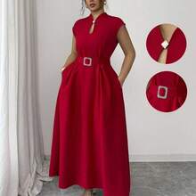 Vestido maxi de talla grande para mujer, de primavera/verano, con cuello de corazón, sin mangas, con pliegues en la cintura, hebilla en la cintura, falda recogida, bolsillos, en color liso, para uso casual, de viaje, para tomar el té de la tarde, para el Día de San Valentín y fiestas, con estilo romántico francés y elegante de Sicilia - Marrón - Ver 2