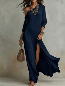 Women's Off Shoulder Knit Maxi Dress With Long Sleeves And High Slit - màu xanh hải quân - Xem 4