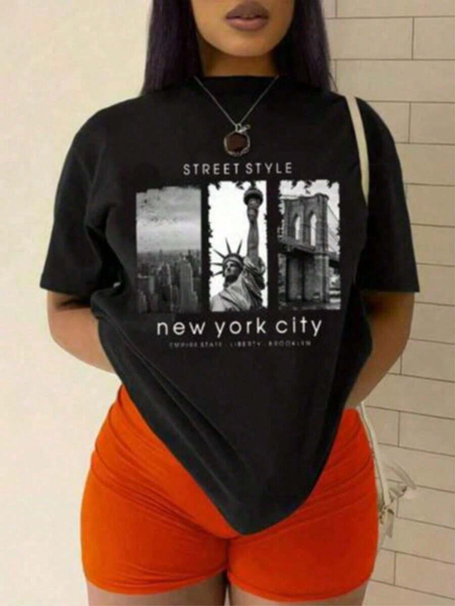 Camiseta casual y versátil de mujer con cuello redondo y mangas cortas, con estampado de New york city - Negro - Ver 1