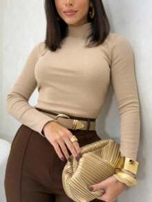 Women's Ribbed Long-Sleeve Turtleneck Blouse - Basic , Casual, Modern, Second Skin Style - - Beige - View 3